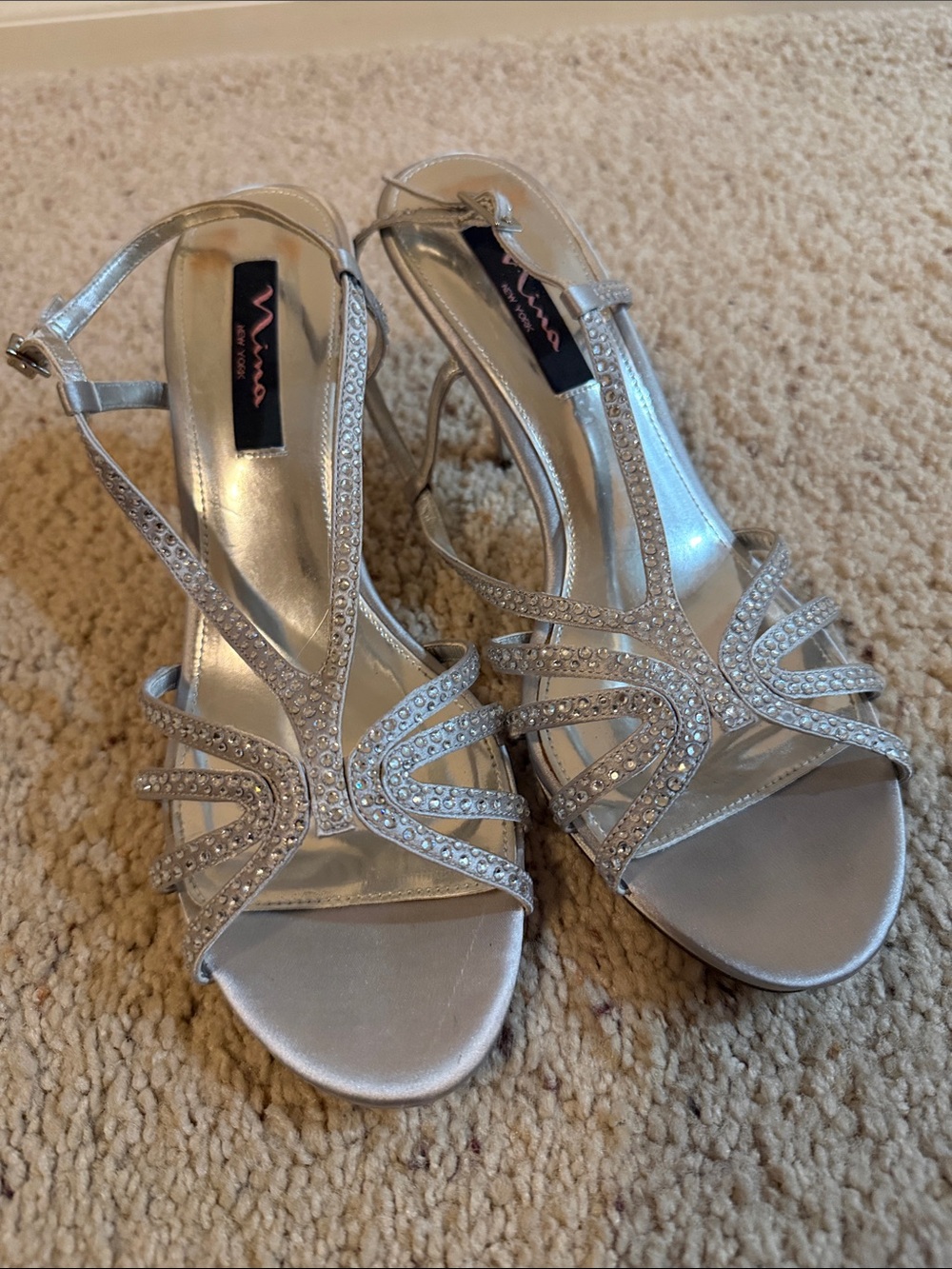 Nina Silver Rhinestone T-Strap Evening Sandals